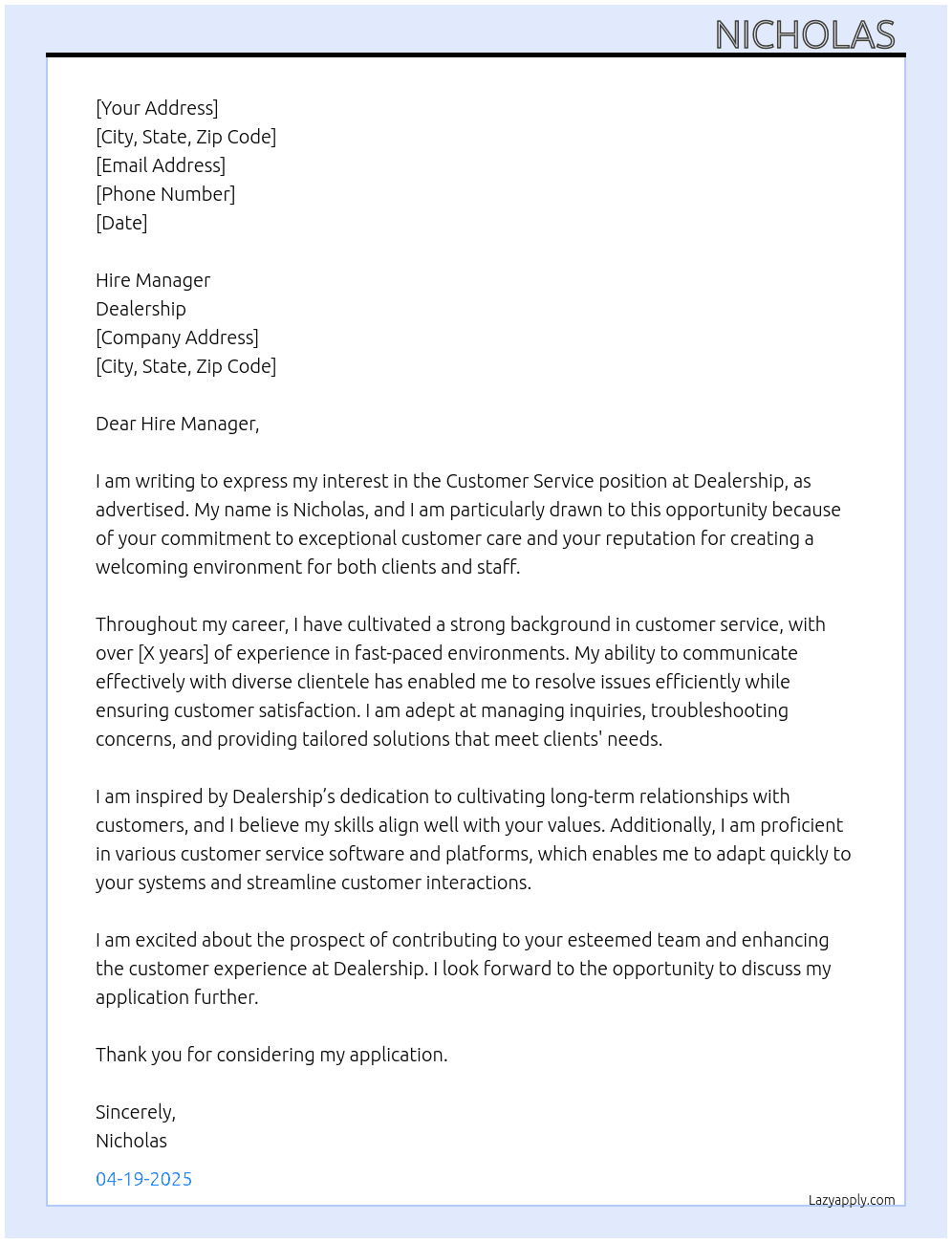 Customer service  At Dealership  Cover Letter
