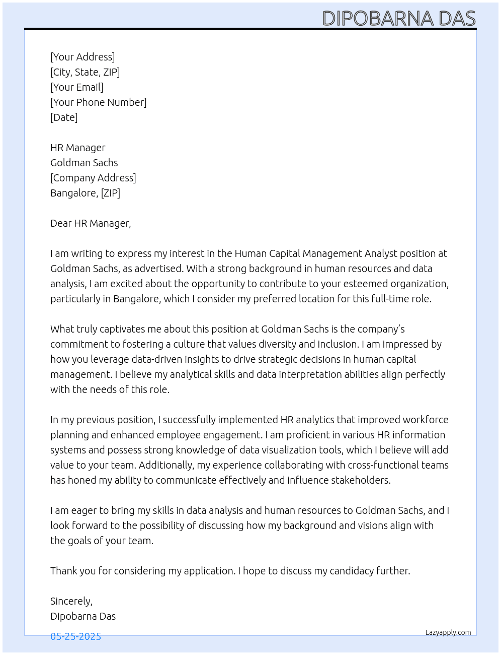 Cover letter for human capital management analyst - LazyApply