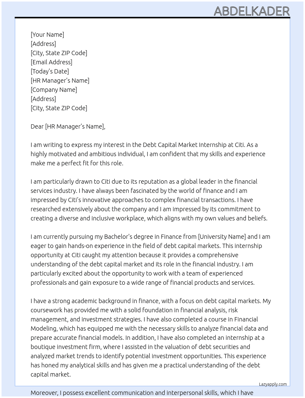 Debt Capital Market Internship At citi Cover Letter