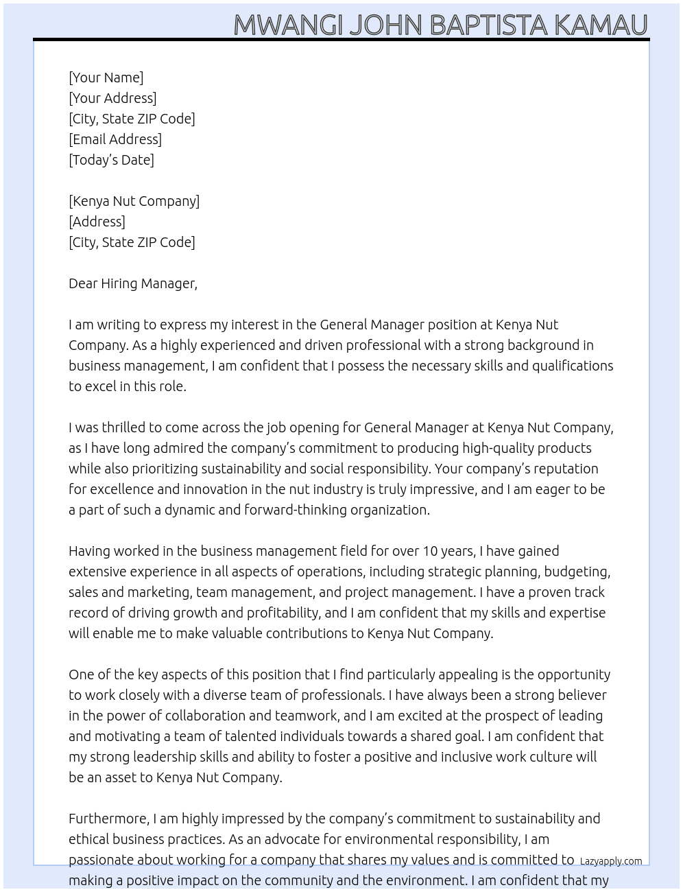general manager  At mwangi john baptista kamau Cover Letter