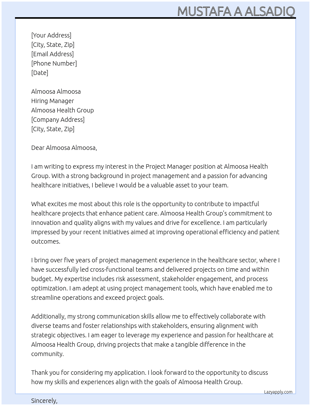 Project Manager At Almoosa Health Group Cover Letter