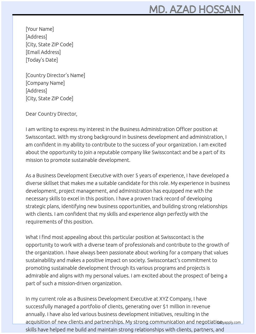 Application for Business Administration Officer At Swisscontact Cover Letter