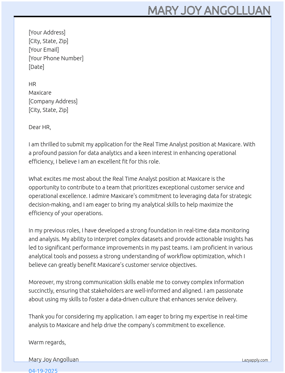 Real Time Analyst At Maxicare Cover Letter