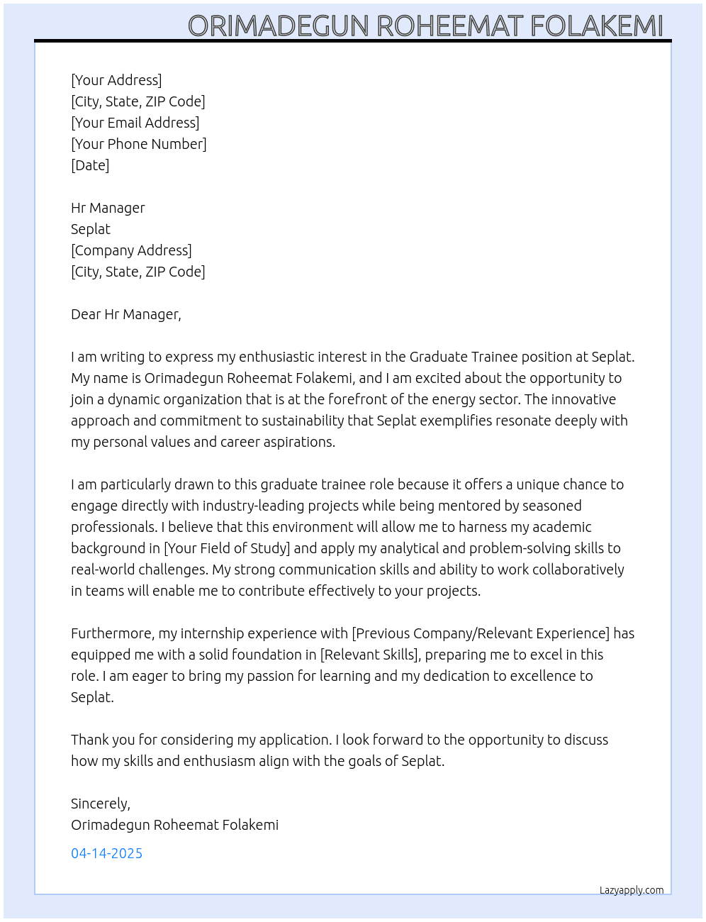 Graduate trainee  At Seplat  Cover Letter