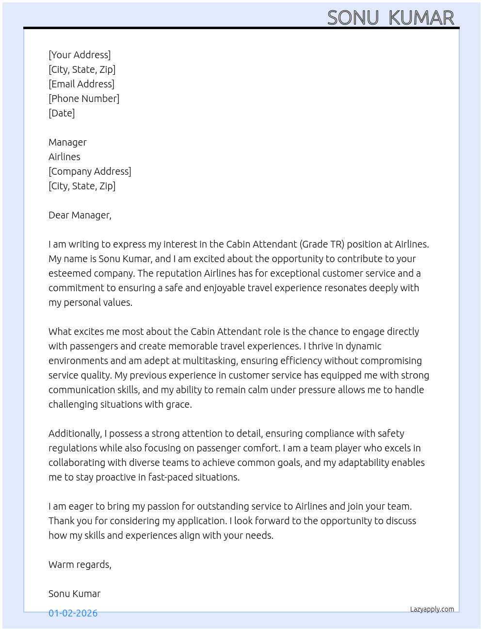 Cabin attendant (grade Tr) At Airlines  Cover Letter