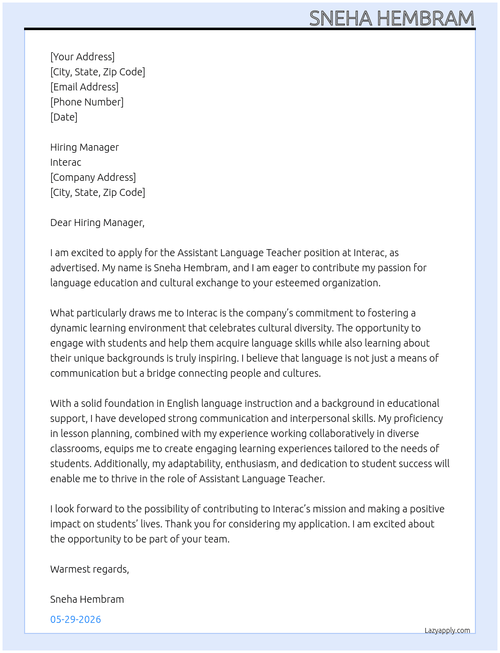 Assistant Language Teacher At Interac Cover Letter