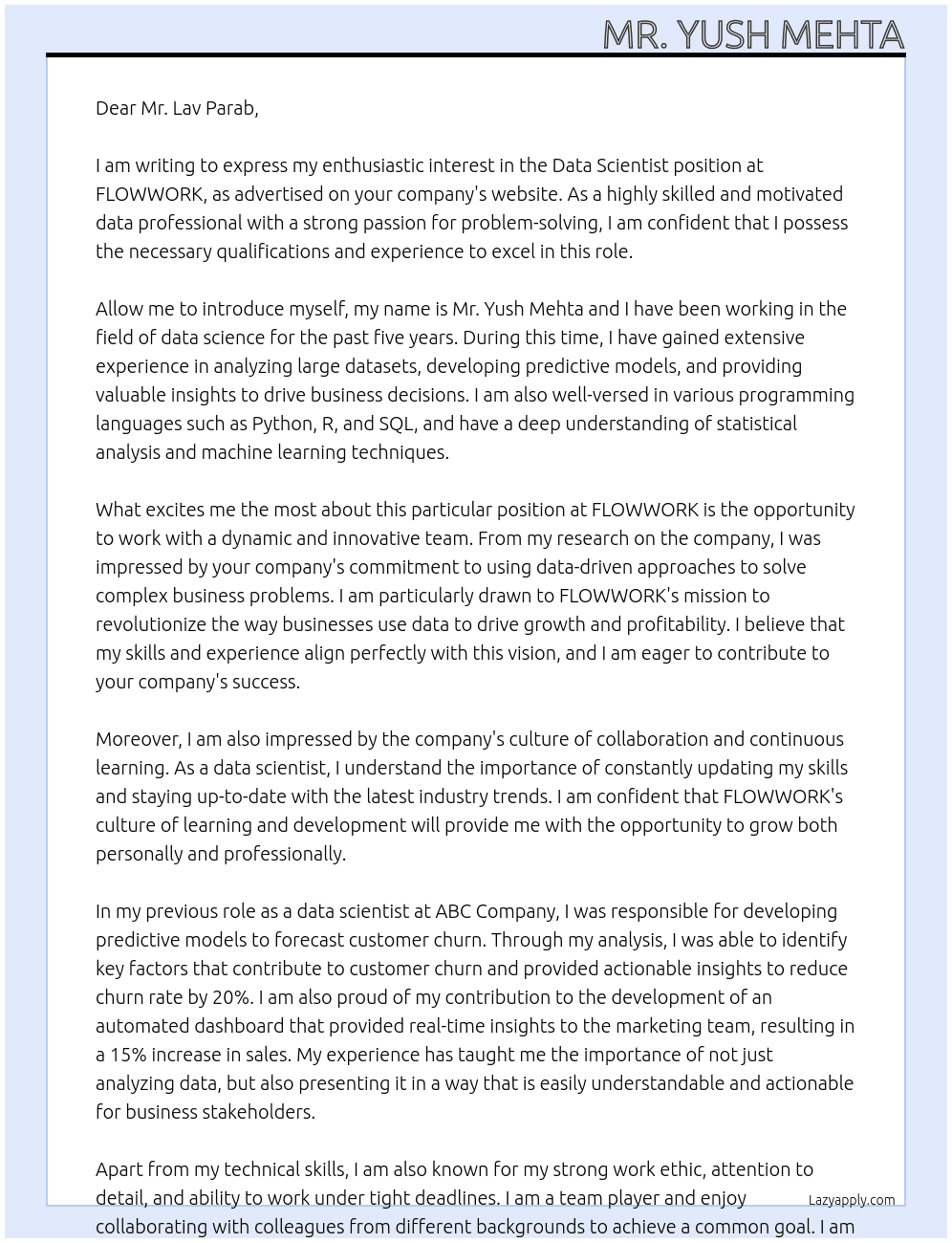 Data Scientist At FLOWWORK Cover Letter