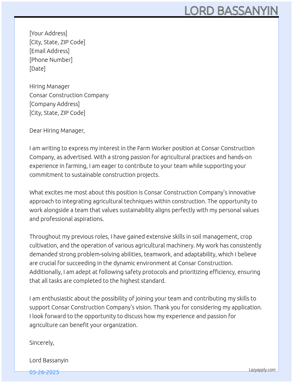 Farm worker At Consar construction company Cover Letter