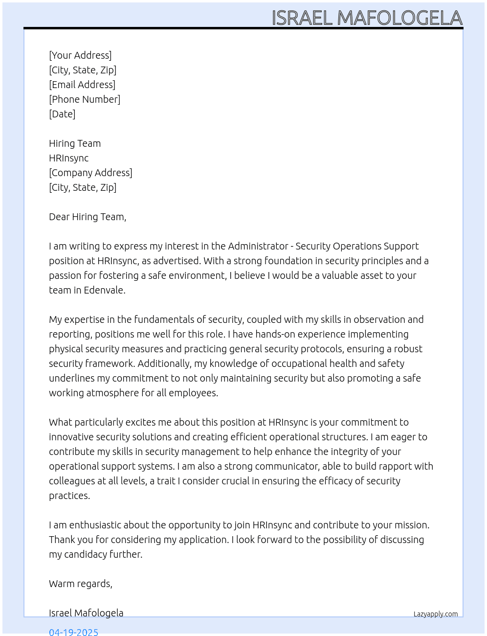 Administrator - Security Operations Support At HRInsync Cover Letter