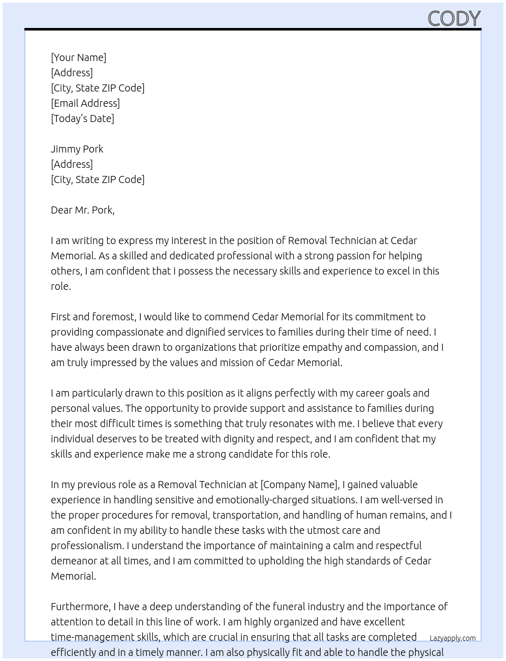 Cover letter for removal technician - LazyApply