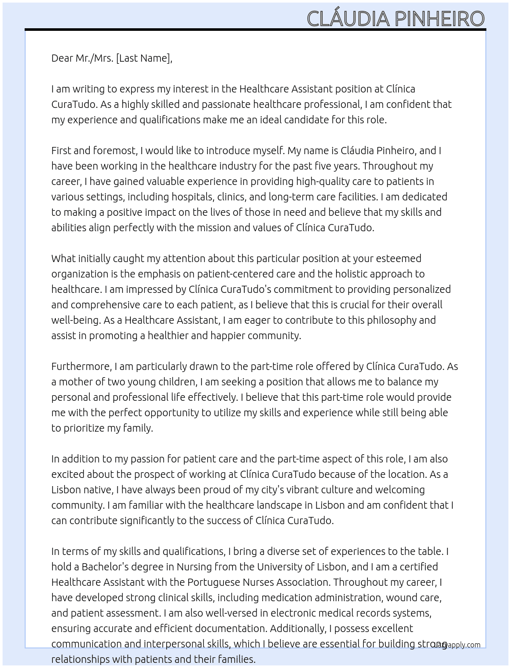 Healthcare assistant At Clínica CuraTudo Cover Letter