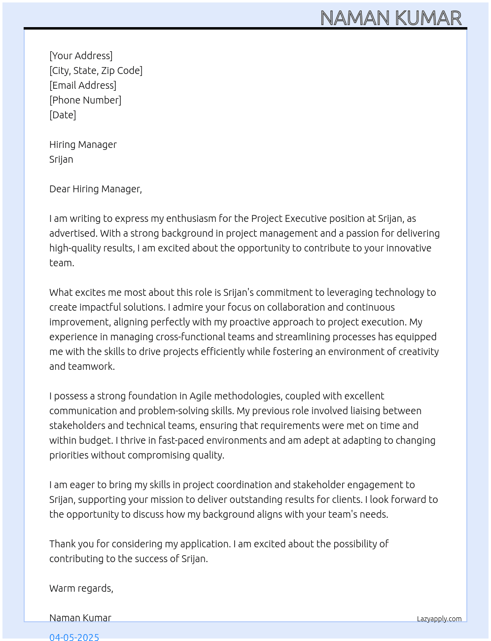 Project Executive  At Srijan  Cover Letter