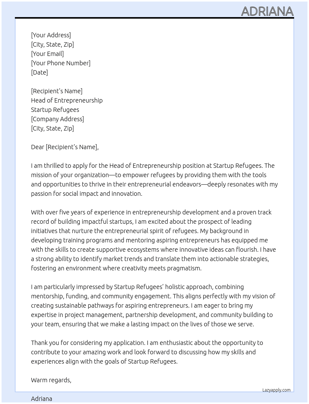 Head of Entrepreneurship At Startup refugees  Cover Letter