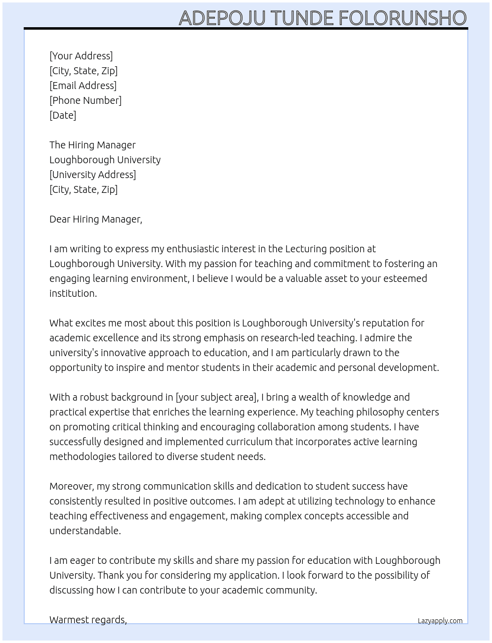 Cover letter for lecturing - LazyApply