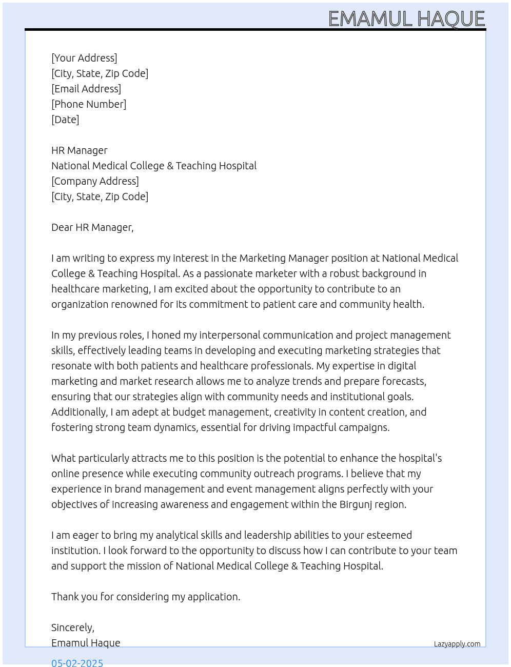 Marketing Manager  At National Medical College & Teaching Hospital Cover Letter