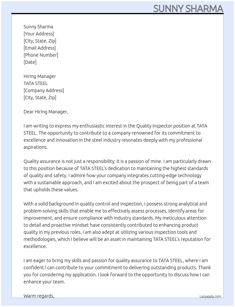 Quality inspector At TATA STEEL Cover Letter