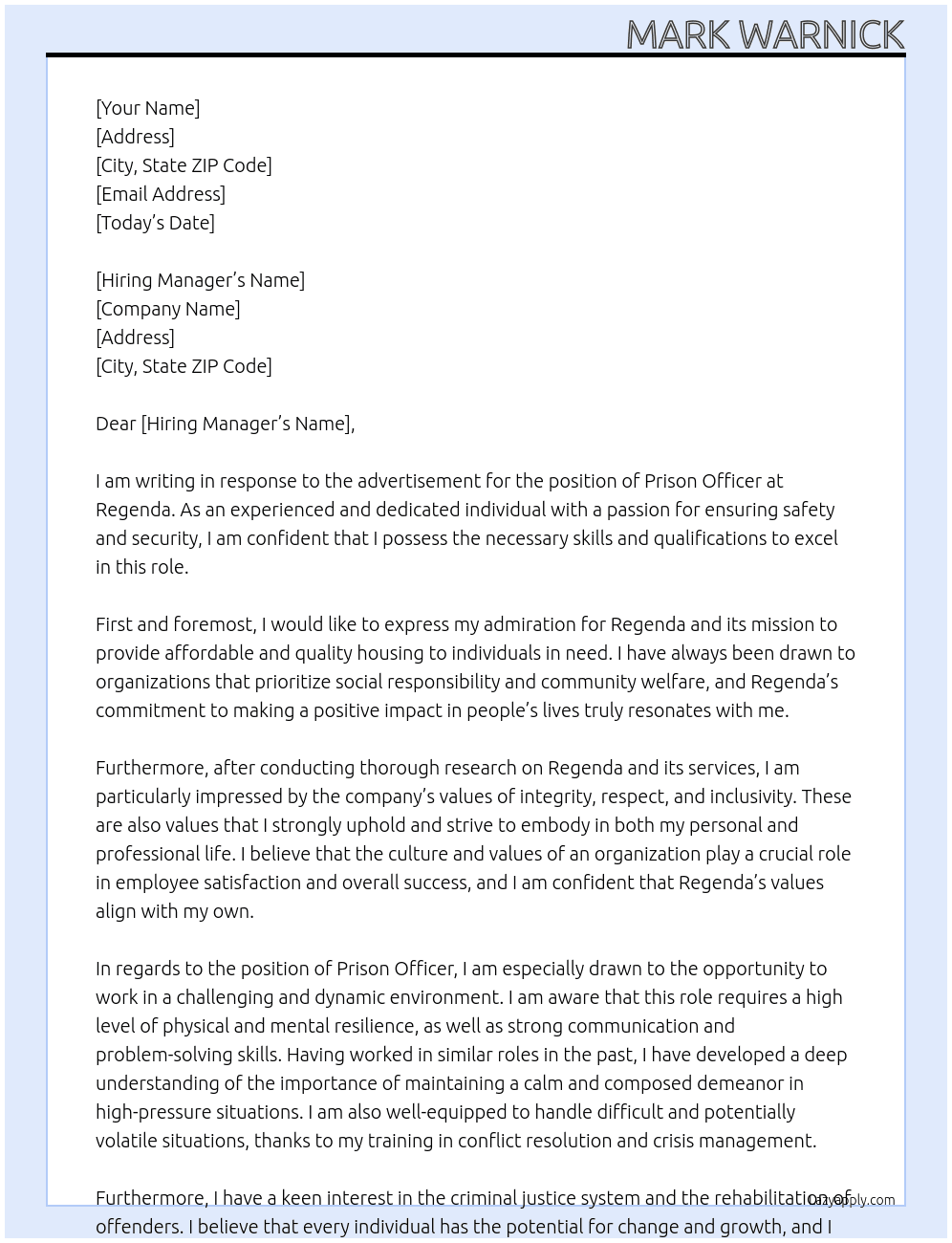 prison officer At regenda Cover Letter