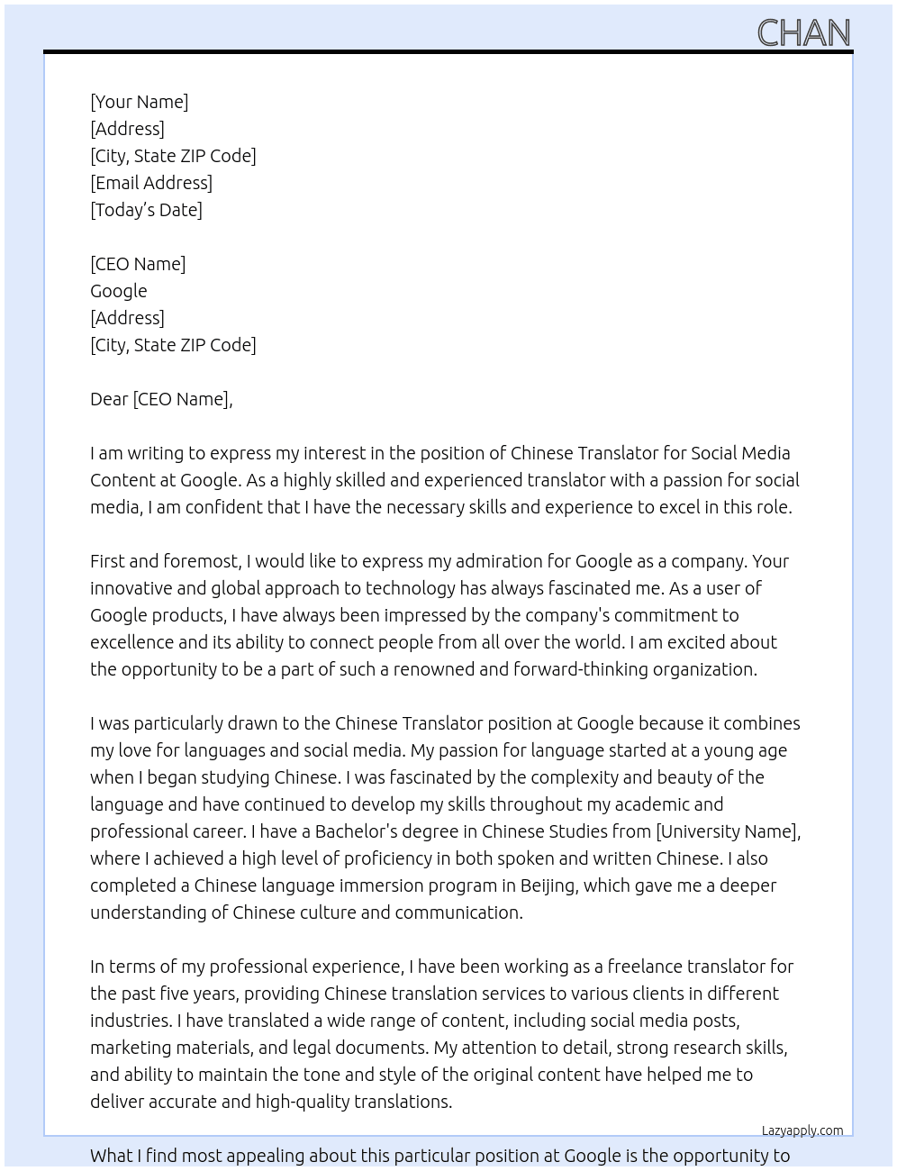 Cover letter for chinese translator needed for social media content - LazyApply