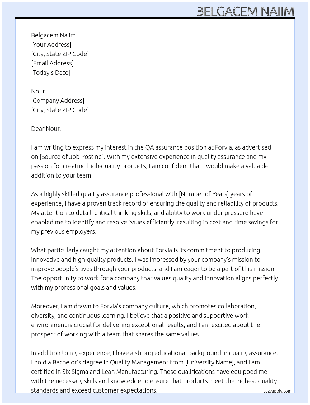 Cover letter for qa assurance - LazyApply