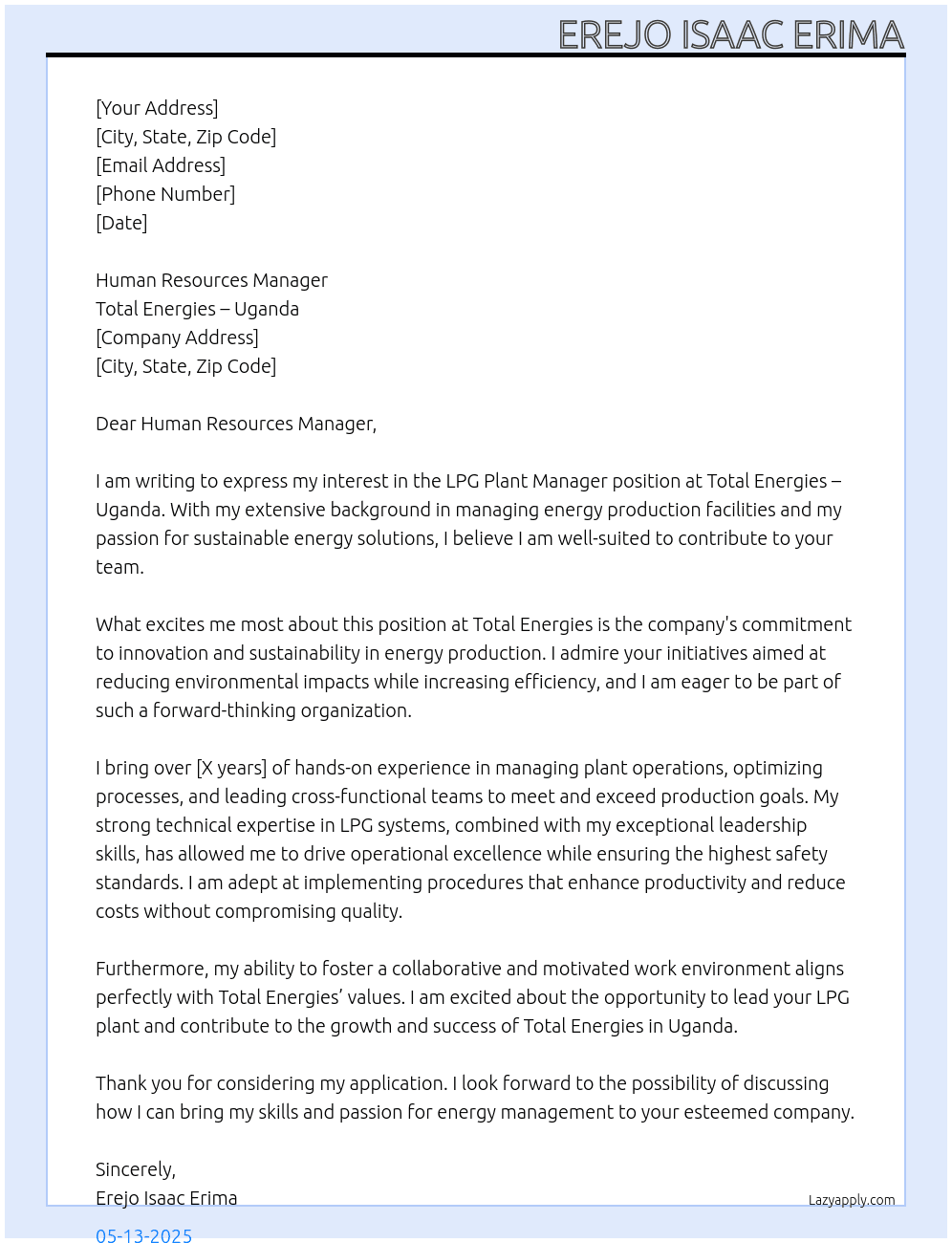LPG plant manager  At Total Energies - Uganda  Cover Letter
