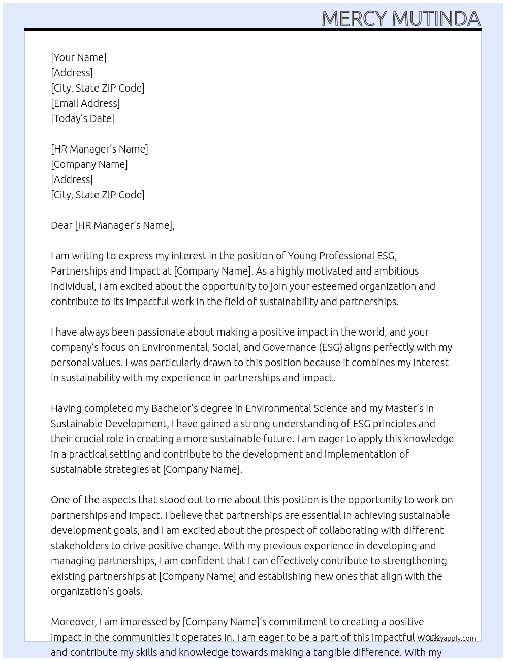 Job Description – Young Professional ESG, Partnerships and Impact At zep-re. Cover Letter