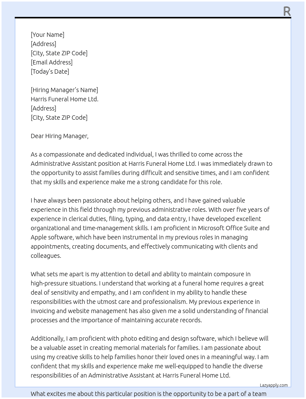 Administrative Assistant At Harris Funeral Home Ltd. Cover Letter