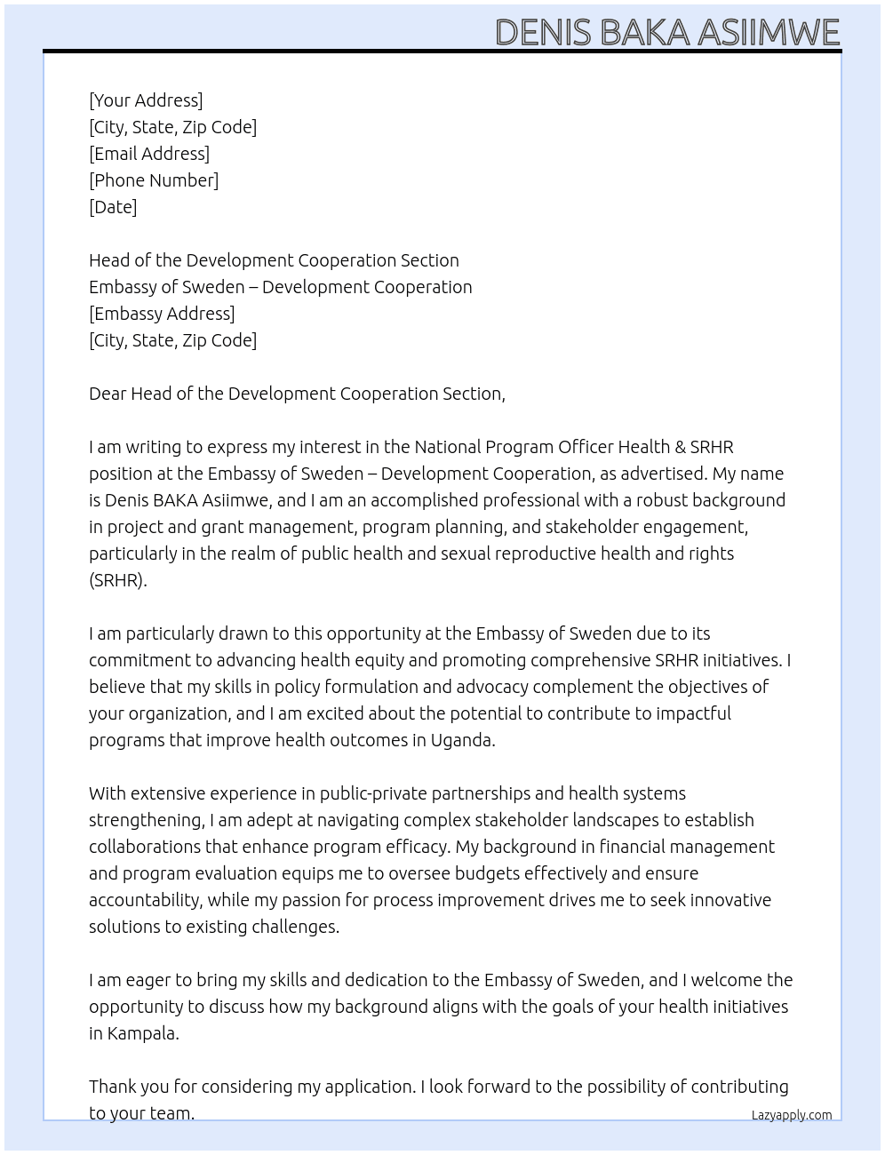 National Program Officer Health & SRHR At Embassy of Sweden - development cooperation Cover Letter