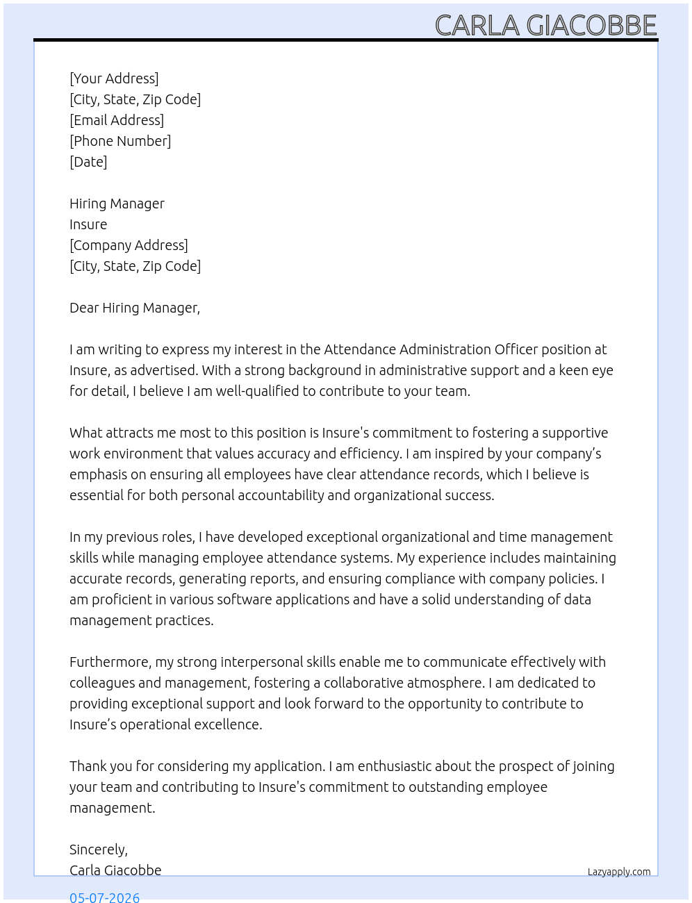 Attendance administration officer  At Insure Cover Letter