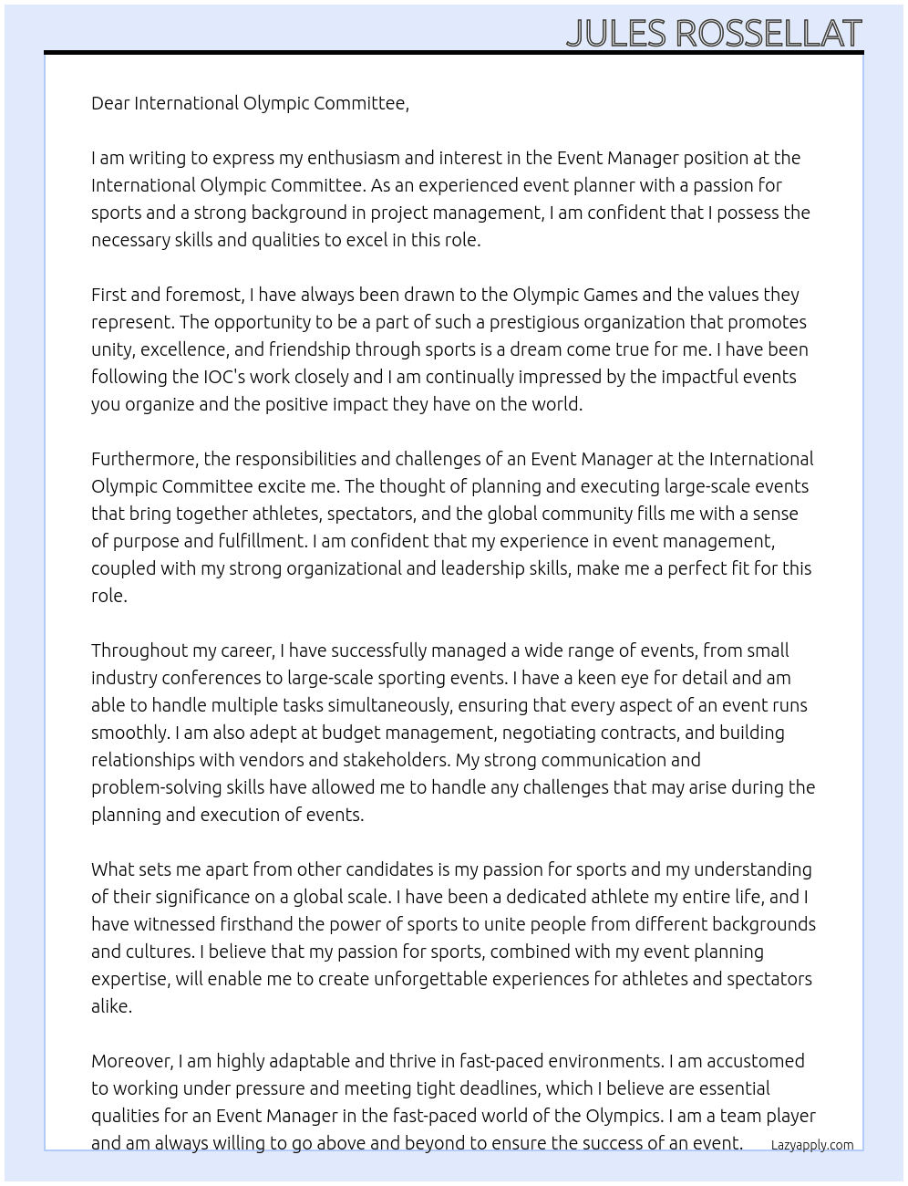 Event Manager At International Olympic Comitee Cover Letter