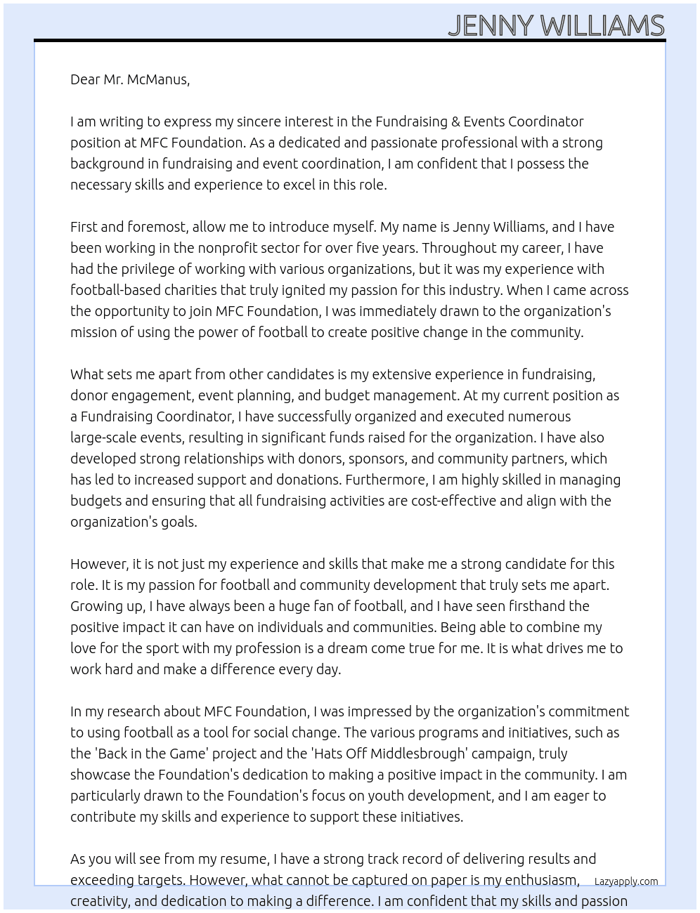 Fundraising & events coordinator At MFC Foundation Cover Letter