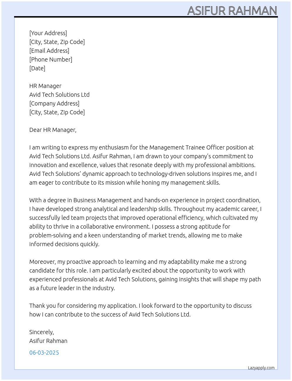 management trainee officer At Avid Tech Solutions Ltd Cover Letter