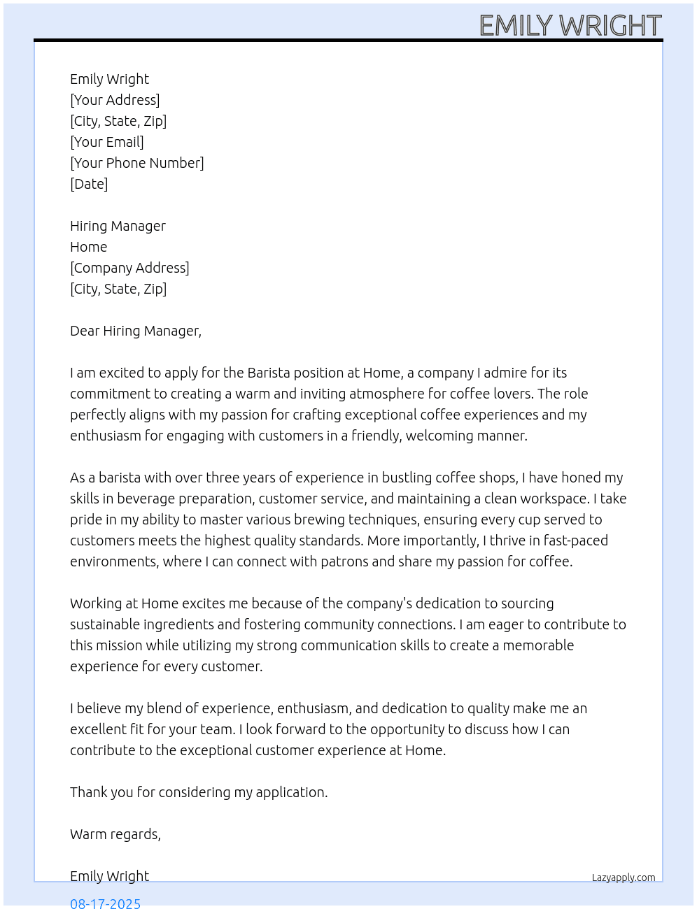Barista At home Cover Letter