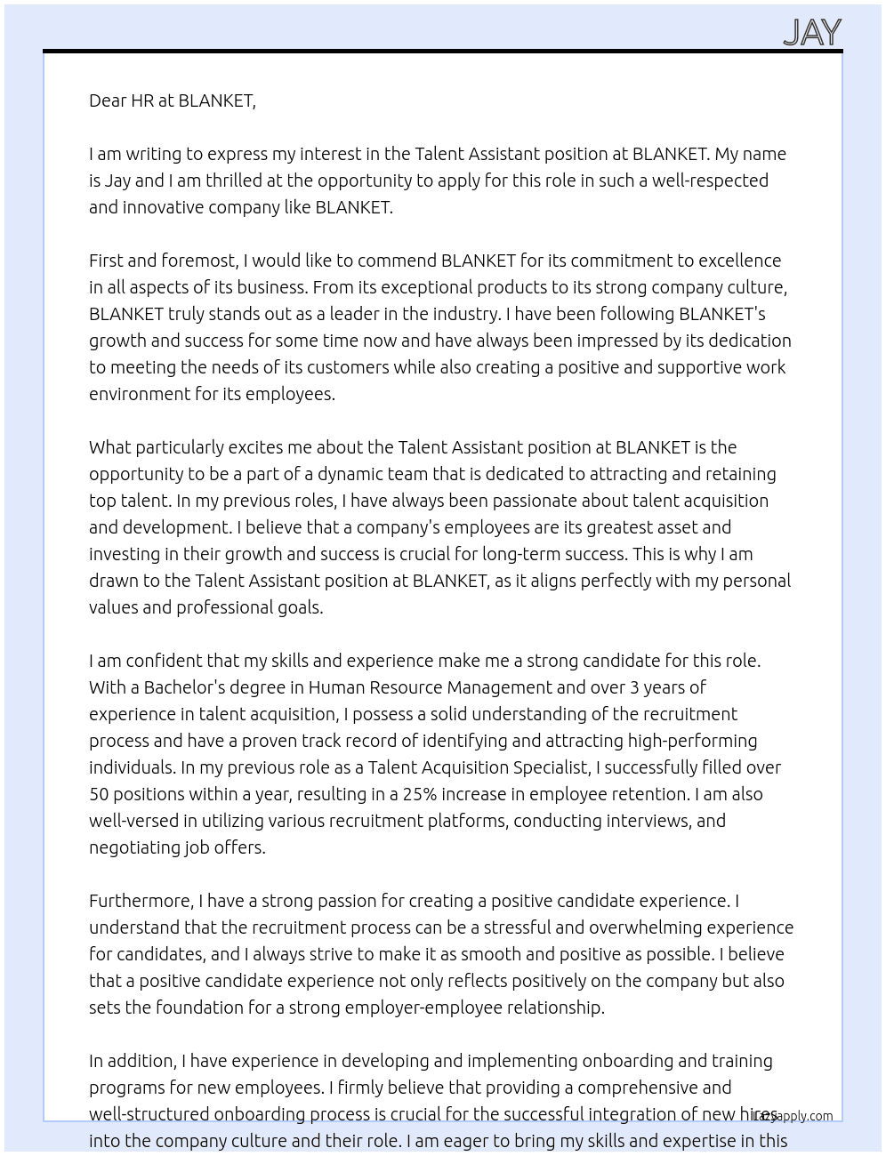 Talent assistant At BLANKET Cover Letter