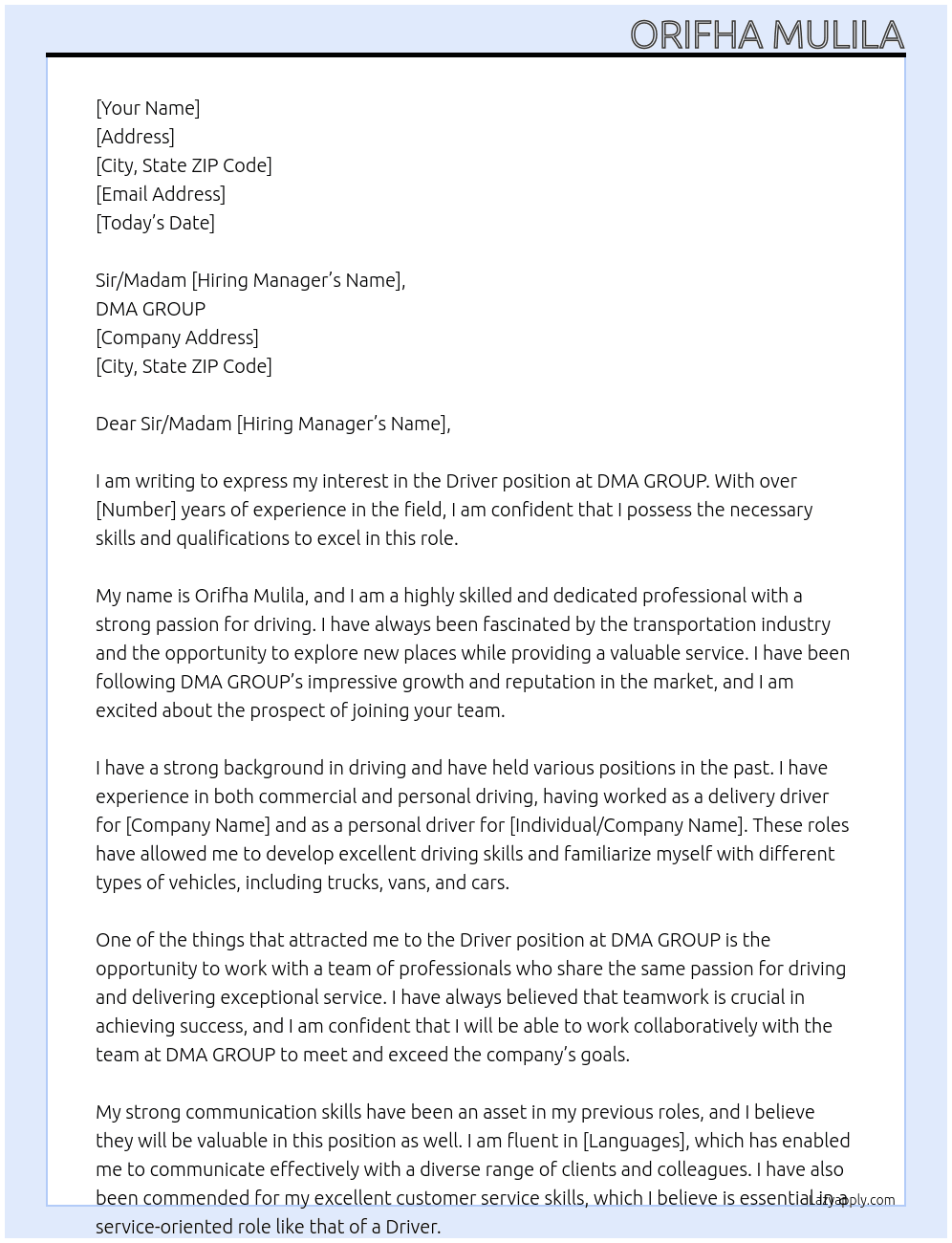 Driver  At DMA GROUP  Cover Letter