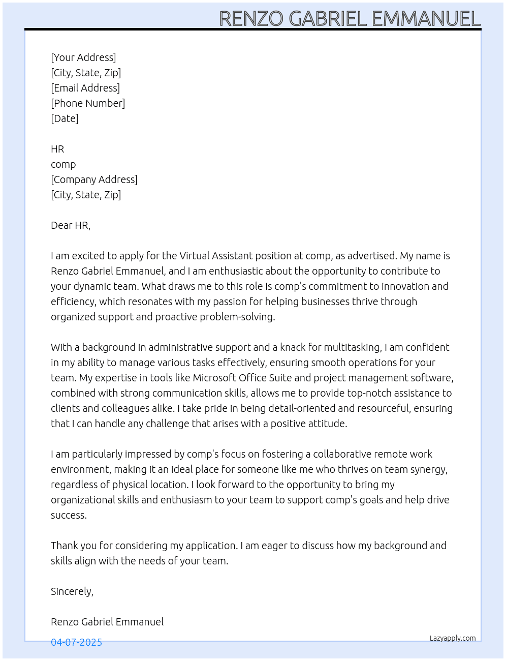 Virtual Assistant At comp Cover Letter
