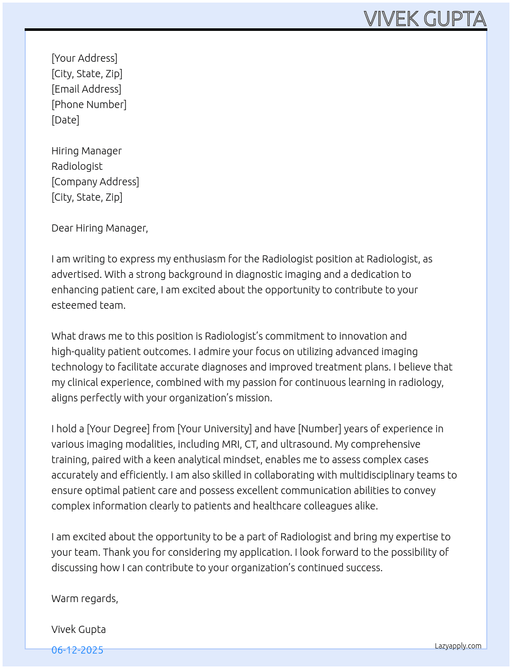 Radiologist  At Radiologist  Cover Letter
