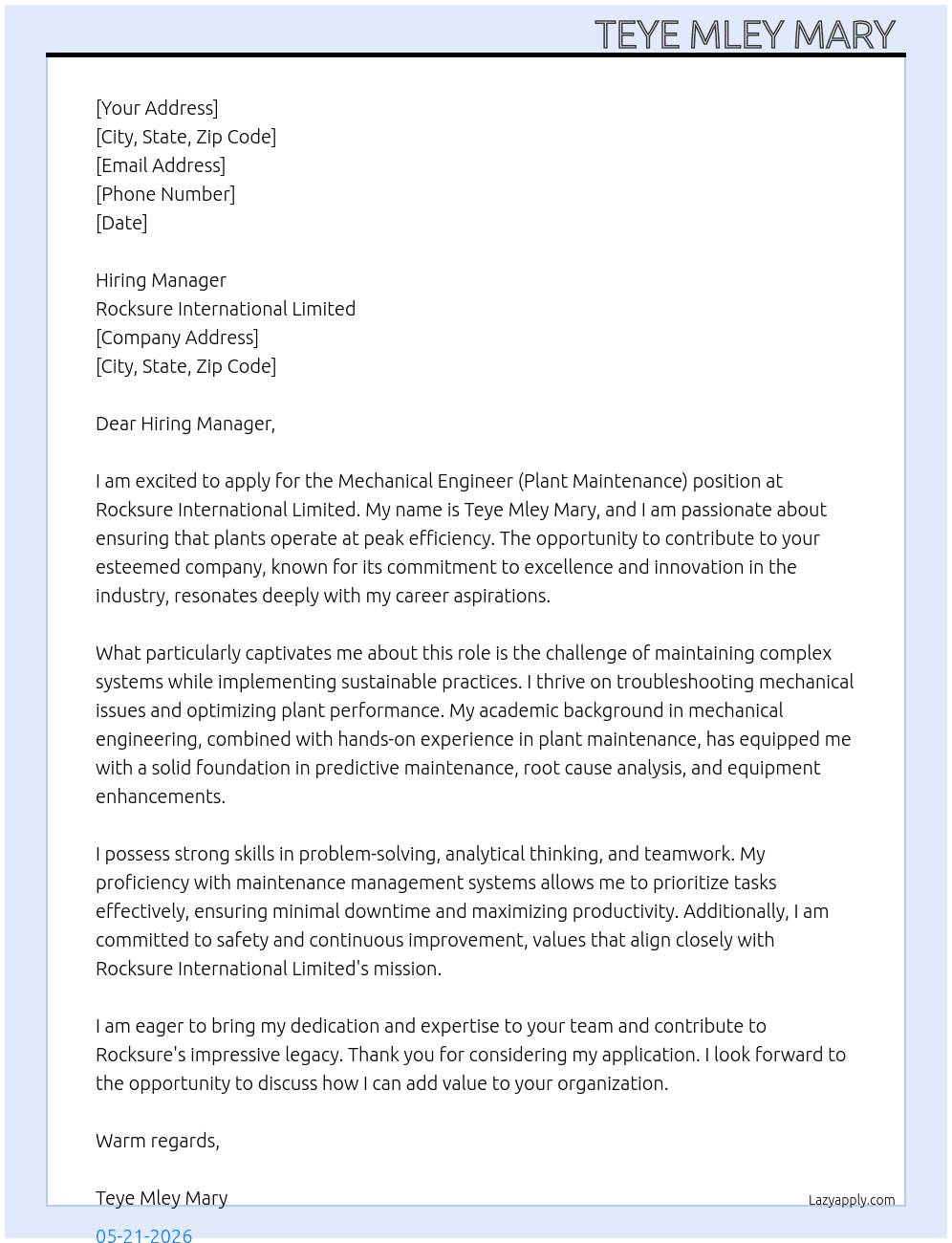 Mechanical Engineer (plant maintenance) At Rocksure International Limited company  Cover Letter