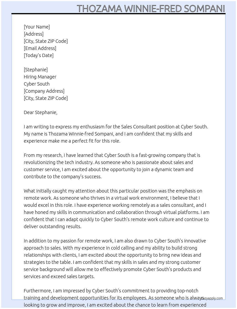 sales consultant At Cyber South Cover Letter