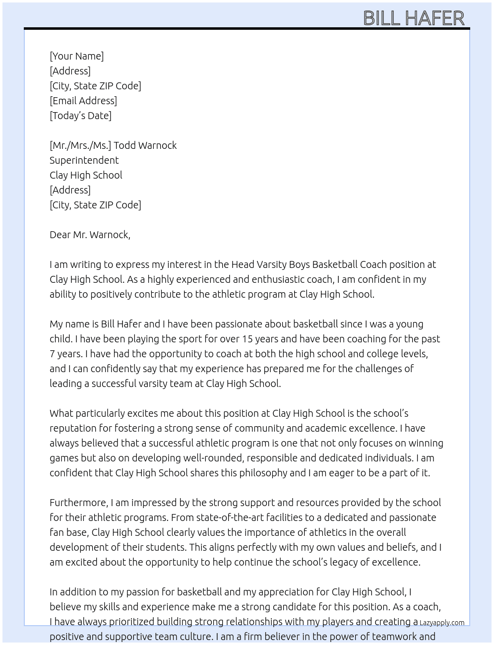 Head Varsity Boys Basketball Coach  At Clay High School Cover Letter