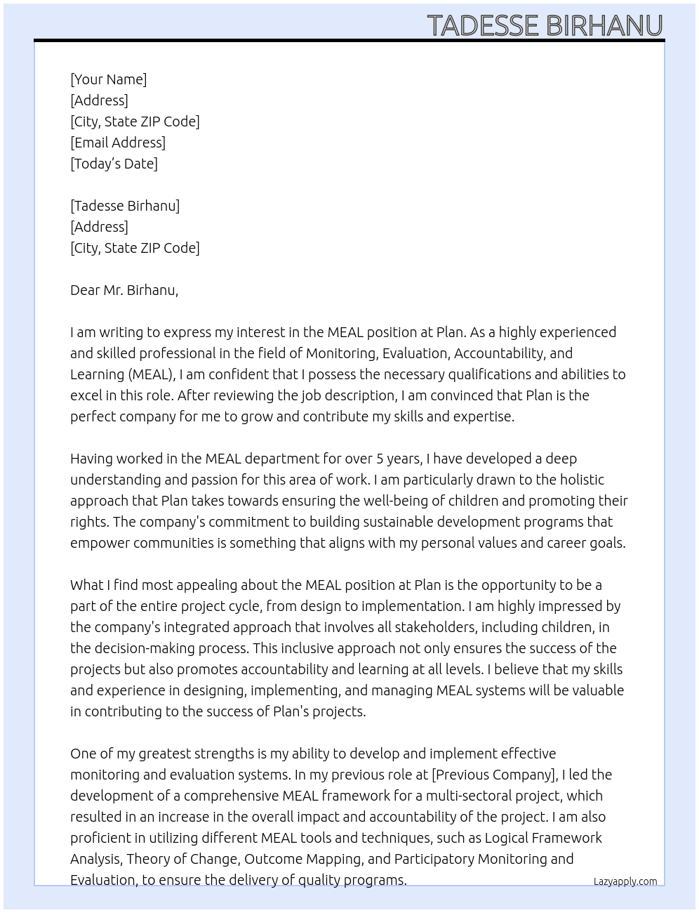 MEAL At Plan Cover Letter
