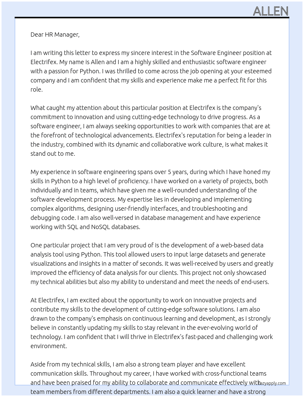 Software engineer At electrifex Cover Letter