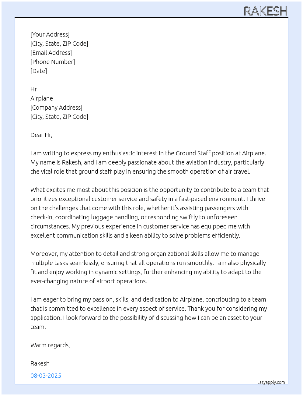 Ground staff  At Airplane  Cover Letter