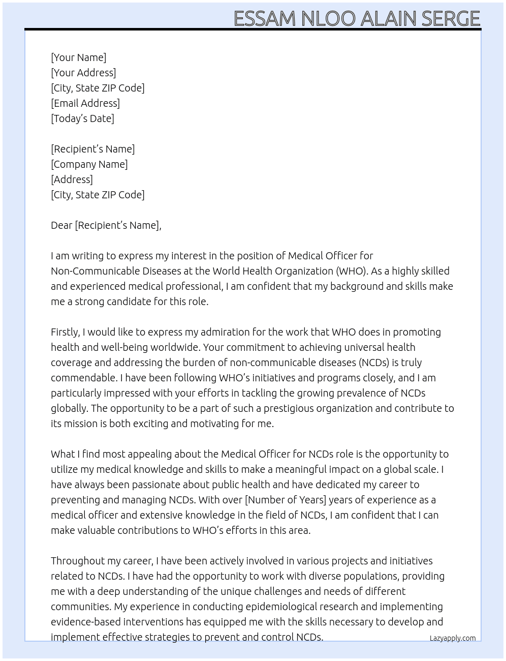 Cover letter for medical officier non communicable diseases - LazyApply