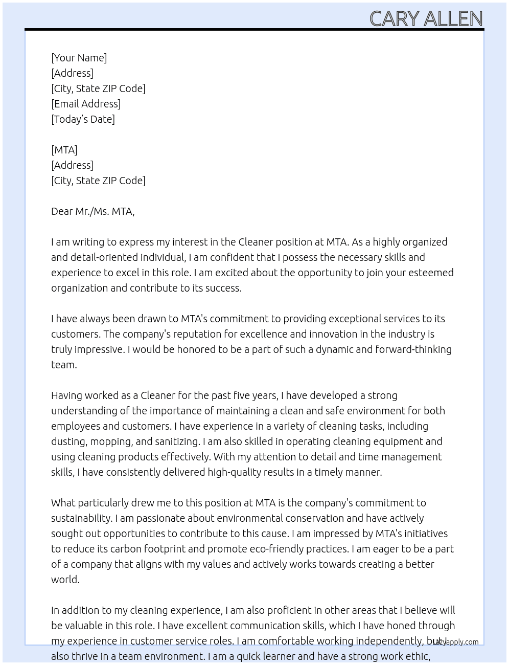 Cleaer At MTA  Cover Letter