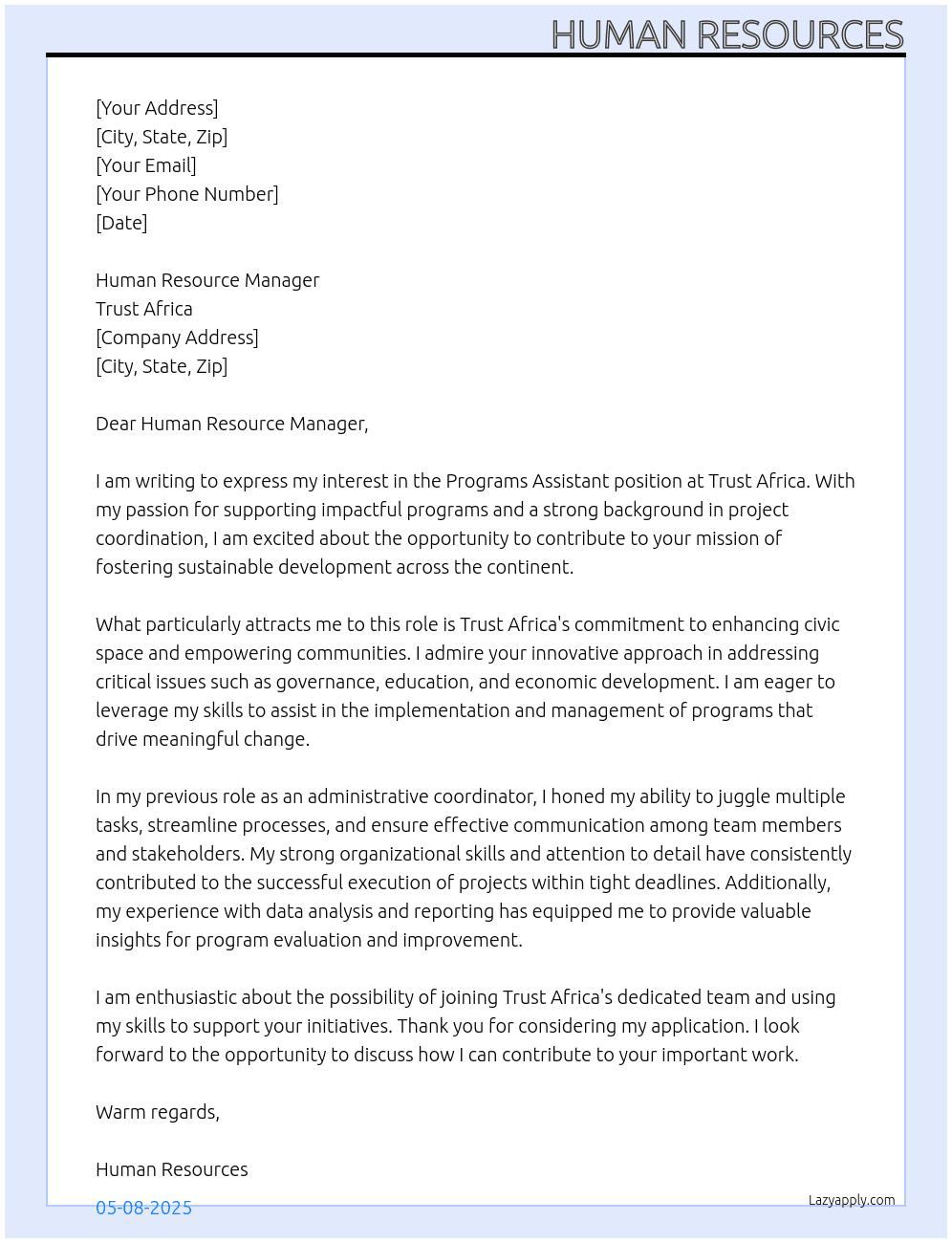 programs Assistant At Trust Africa Cover Letter