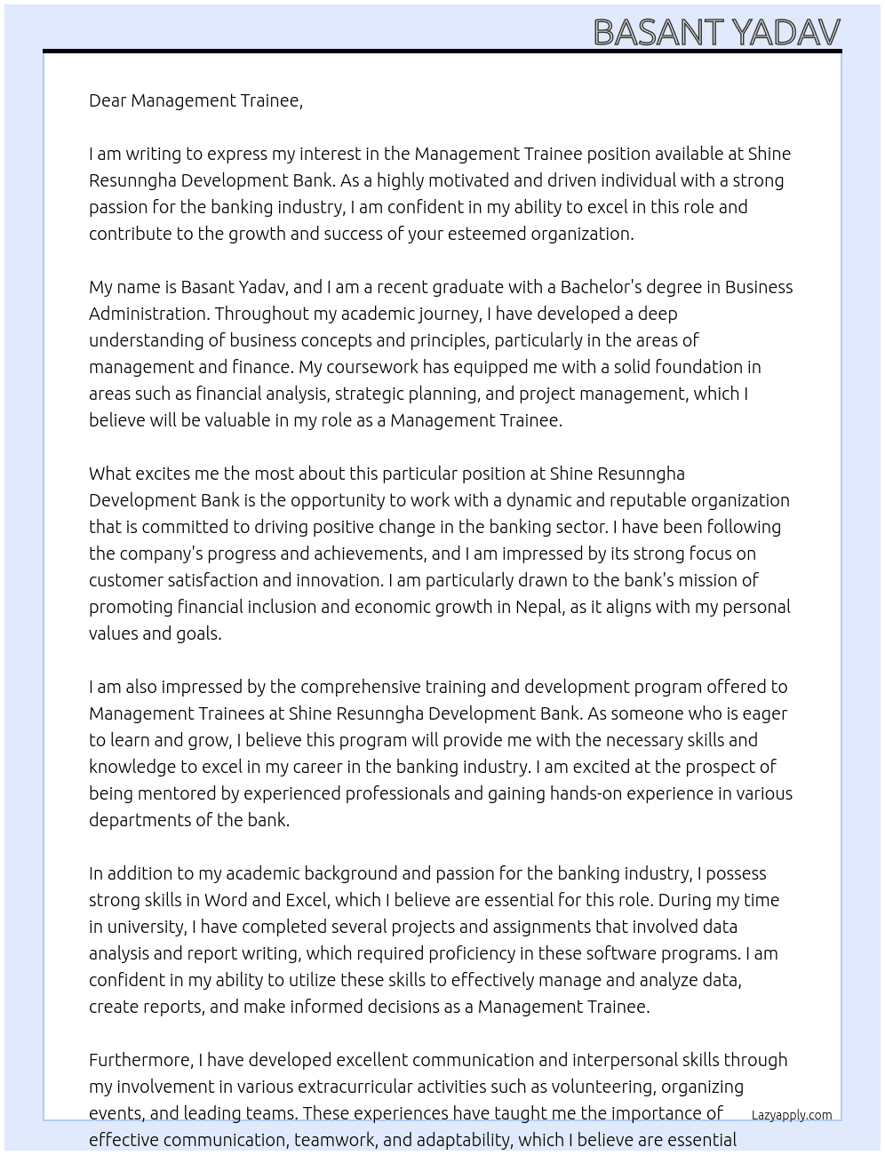 Management trainee  At Shine resunngha development bank  Cover Letter