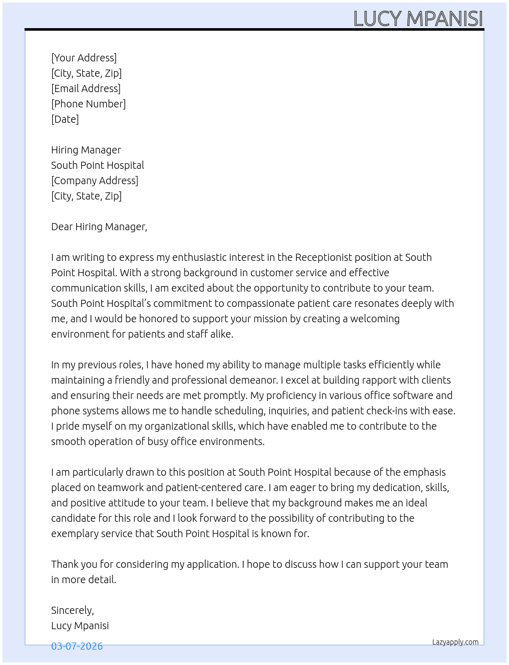 Receptionist At South point Hospital Cover Letter
