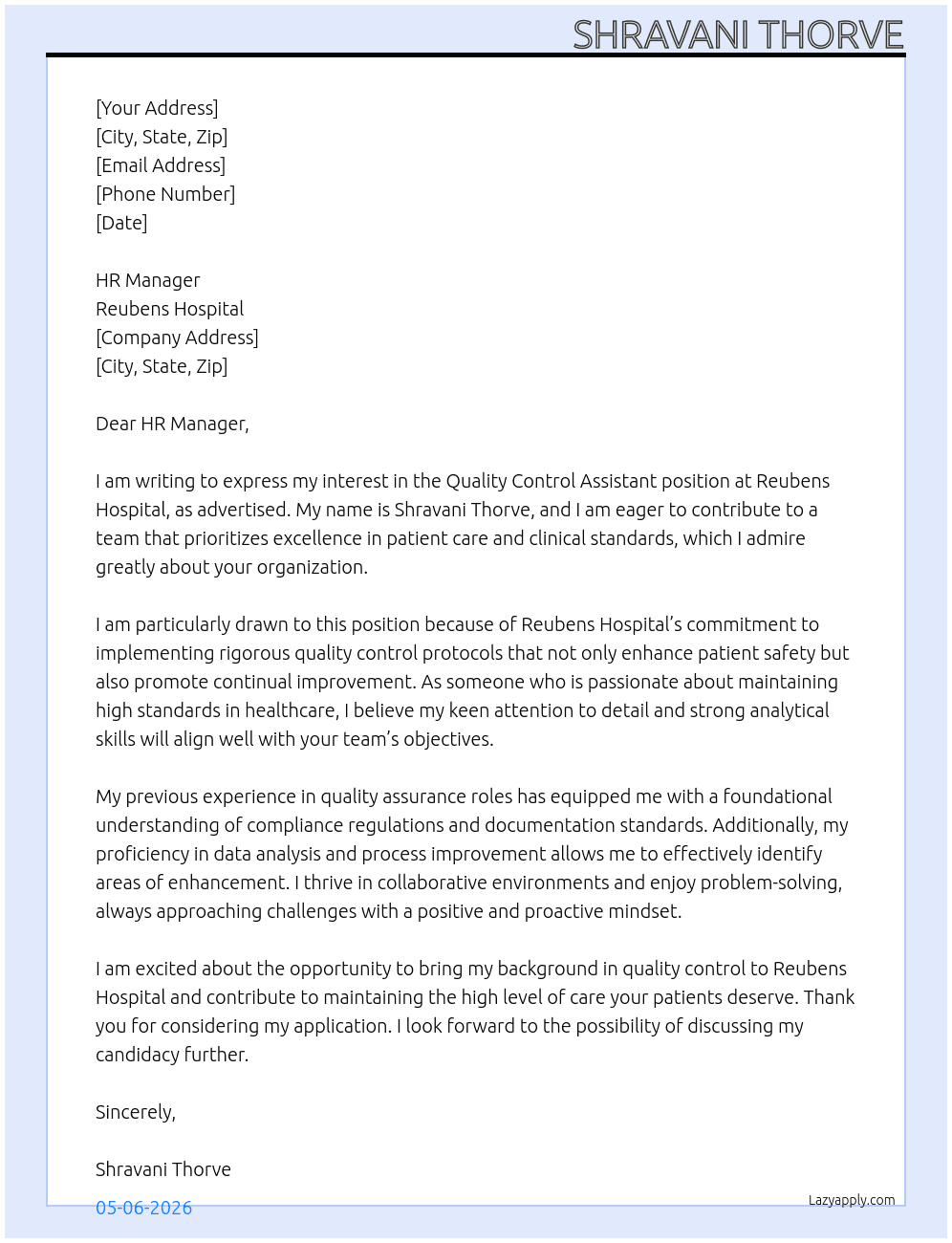 Cover letter for quality control -assistant - LazyApply