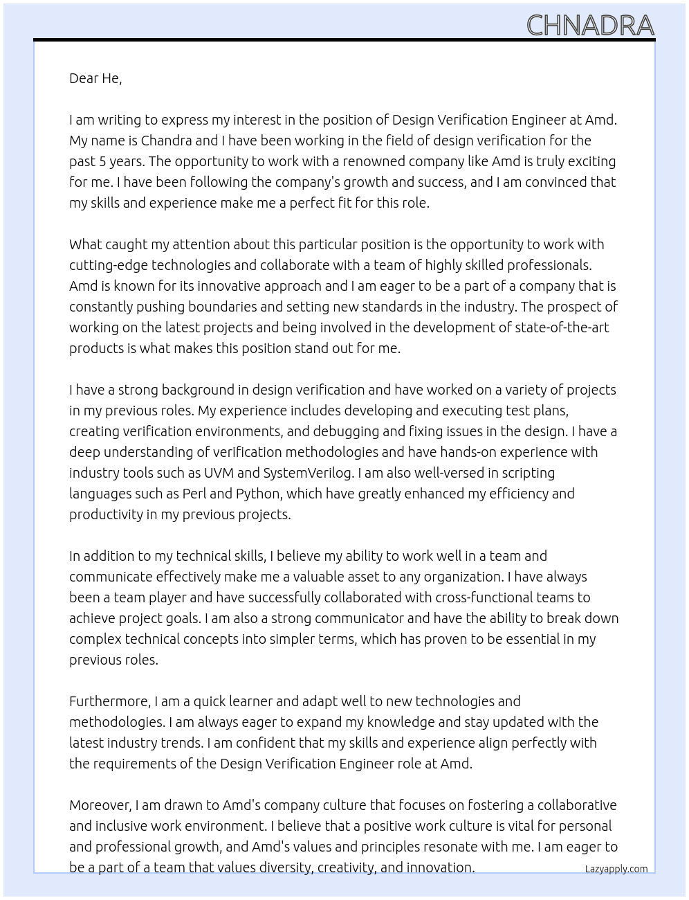 Design verification enginner At Amd Cover Letter