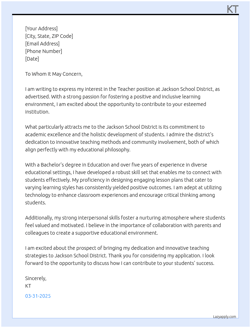 Teacher At Jackson School District Cover Letter